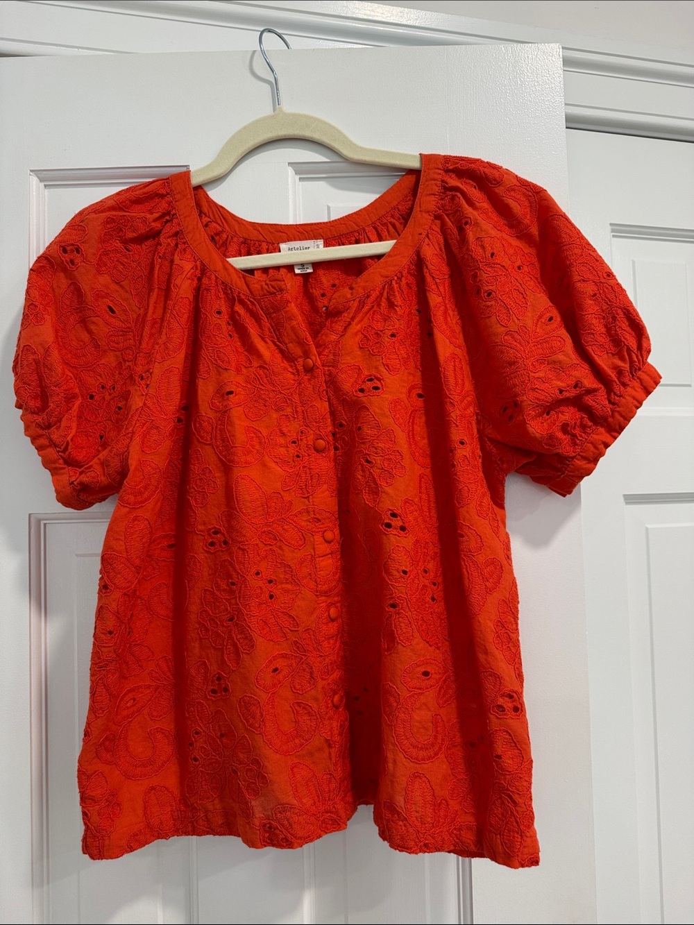 Bright Red Eyelet Puff-Sleeve Blouse